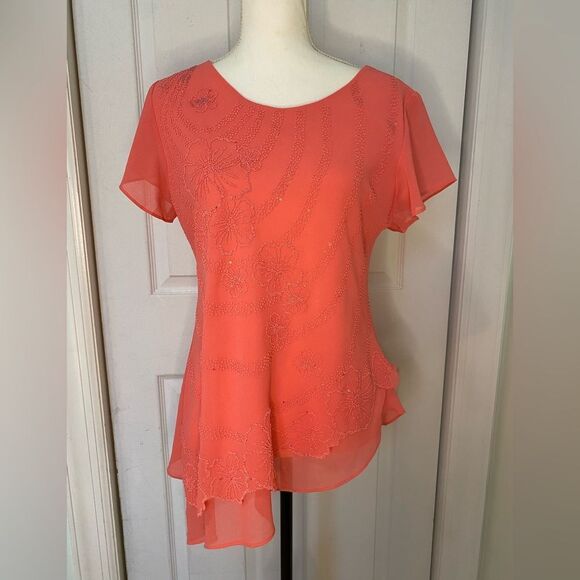 millena Tops - Millena Beaded Salmon Pink Asymmetrical Top